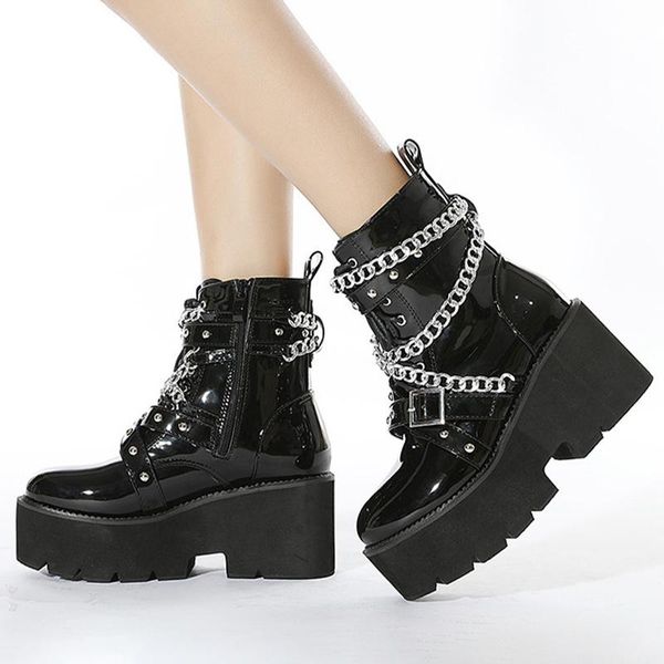 

boots women's lace up women high heels platform ankle pu leather buckle strap chain autumn shoes ladies 2021 fashion, Black