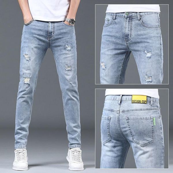 

men's jeans summer thin light color hole men 's, Blue