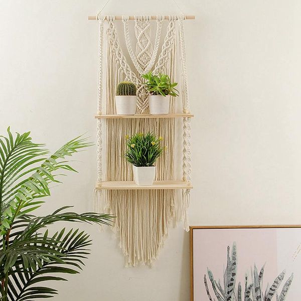 

kitchen storage & organization bohemian macrame tapestry rack hand-woven wall hanging flower wooden shelf decorative