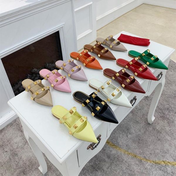 

slippers 2021 summer brand women's flat leather fashion rivet 34-42, Black