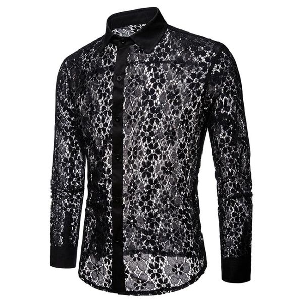 

men's casual shirts men lace shirt short sleeve see through mesh party prom marriage event clothes, White;black