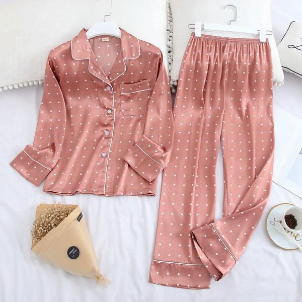 

ice silk women sleepwear satin lapel puff sleeve pajama set printing fashion pajamas long sleeve pyjamas, Black;red
