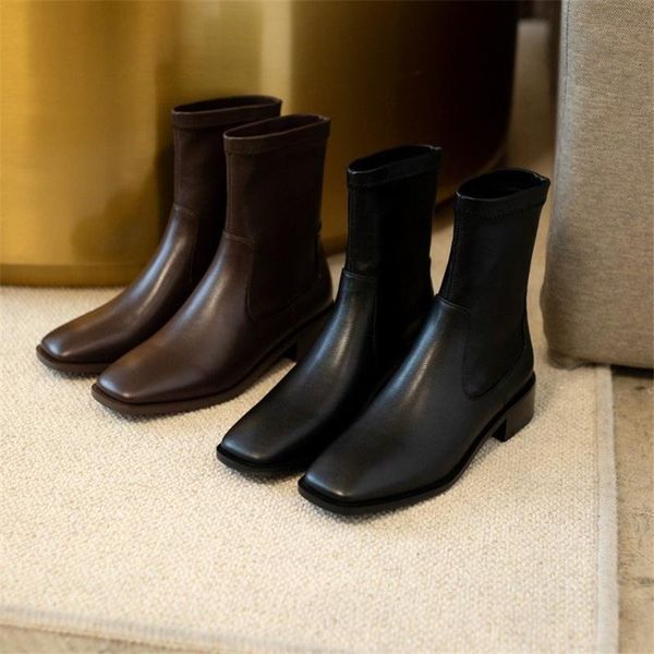 

boots square toe short women leather low heel brown black spring/autumn fashion comfortable ankle cowboy for