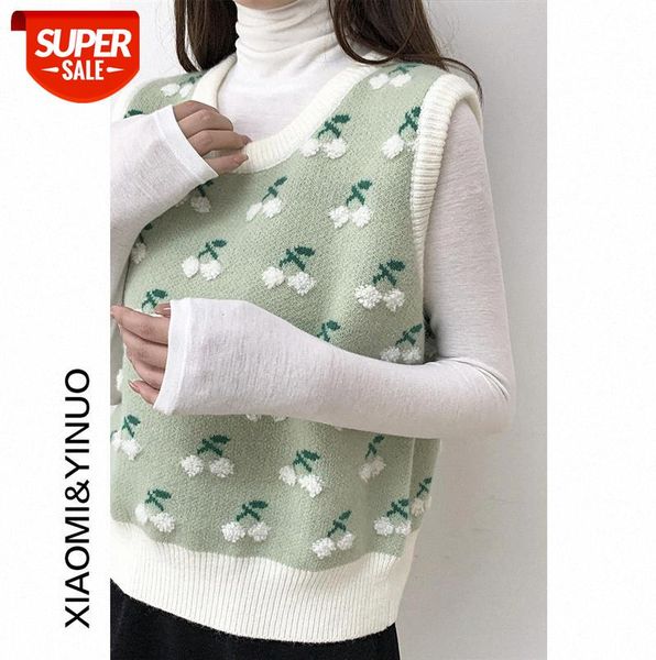 

[ou fan] 7784 small fresh cherry v-neck knitted vest women slim sweater #rm1o, Black;gray
