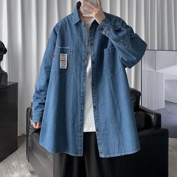 

denim shirt men's long sleeve hong kong style loose han casual ruffian handsome embroidery retro tooling thin coat shirts, White;black