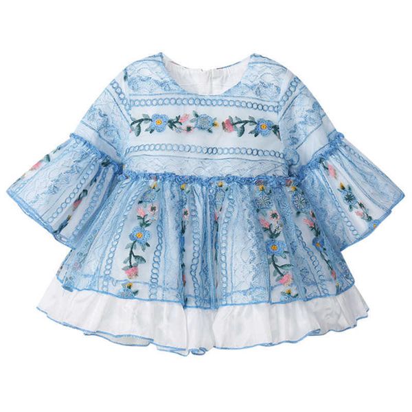 Baby Stickerei Blumenkleider Kleinkind Mädchen Langarm Prinzessin Vestidos Infant Spanien Lotia Ballkleid Rüschen 210615