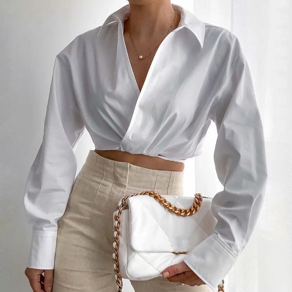 

elegant women cute cross v-neck hem bandage cropped blouse za vintage bodycon smock summer white chic female shirt 210521
