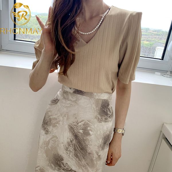 

korea chic 2021 new fashion women elegant knitted shirts summer short puff sleeve women v-neck knit shirts swimwear bathing suits swimsu, Black;gray