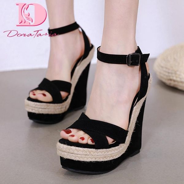 

dress shoes dora tasia 2021 brand design flock women sandals high wedges peep toe platform pumps summer casual woman, Black