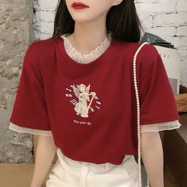 

gothic angel print t shirt women 2021 lace alt clothes aesthetic fashion summer female red tee shirt, White