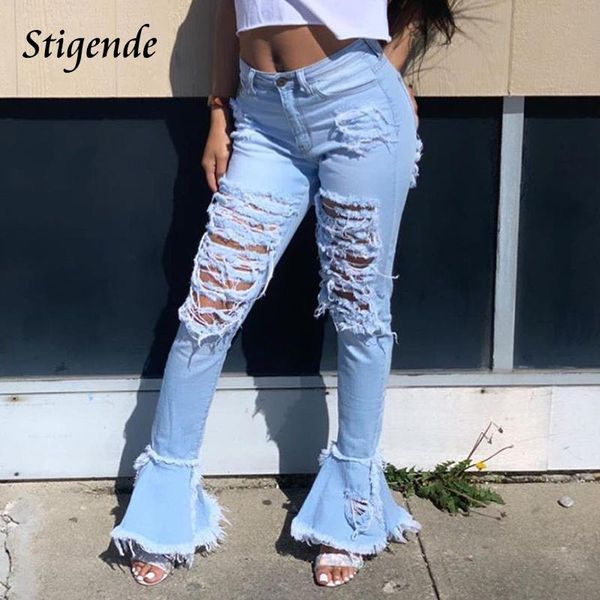 

women's jeans stigende women casual midi waist flare pants hollow out denim ripped fashion patchwork streetwear, Blue