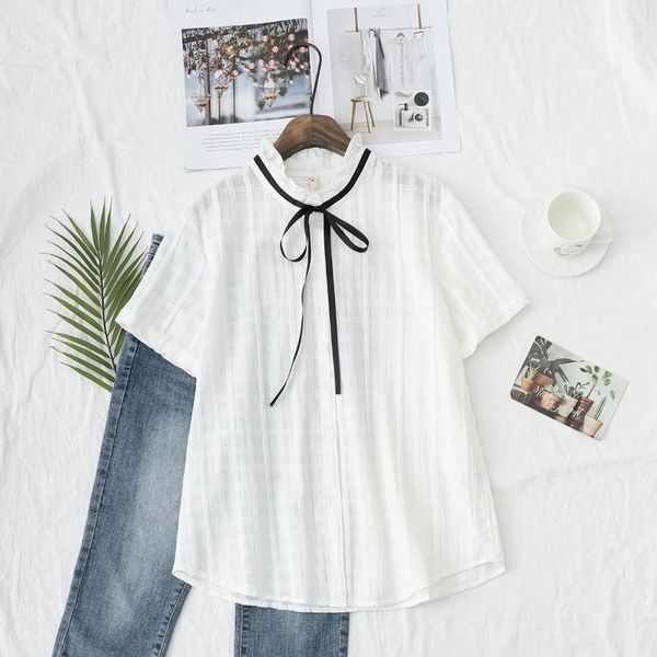 

women's blouses & shirts 2021 summer sweet white women japan style stand collar bandage bow design short sleeve student girls
