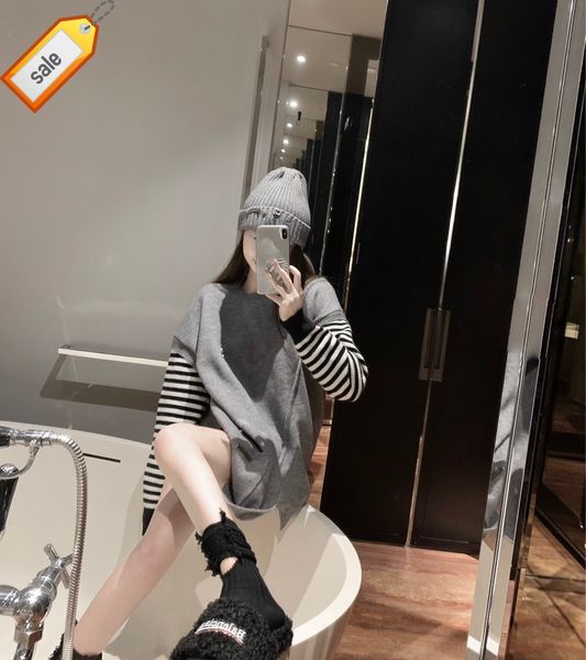 

tide winter 2022 brand autumn ch stripe stitching irregular contrast loose pullover knitted sweater women's hat, Black