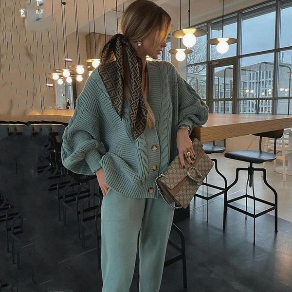 

women's two piece pants knitted winter tracksuit cardigan+pants casual suit 2021 trouser suits button solid sets women, White