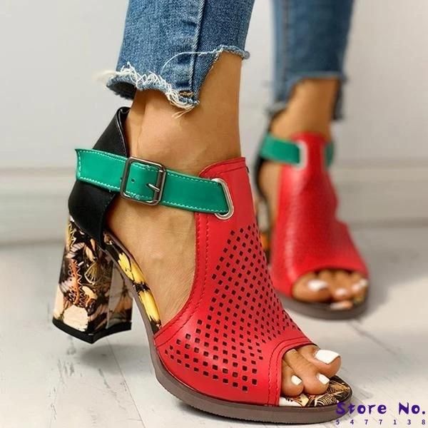 

women's sandals female high heels zapatos de mujer 2021 peep toe summer ladies shoes pu buckle cover heel hollow out breathable dress, Black