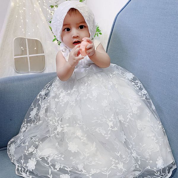

girl's dresses baby girls embroidery baptism first birthday vestidos white lace christening gown with ruffles hat newborn princess dres, Red;yellow