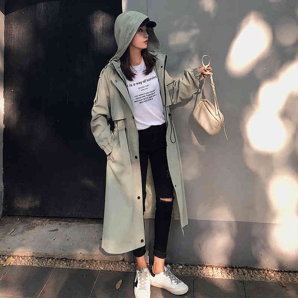 

women's trench coats female fashion trench jackets with hoodie long waist adjustable spring-proof female casual clothing white red gree, Tan;black