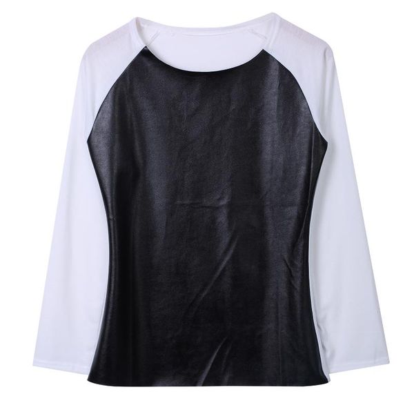 

womens leather long sleeve t-shirt casual pu patchwork female for women women's blouses & shirts, White