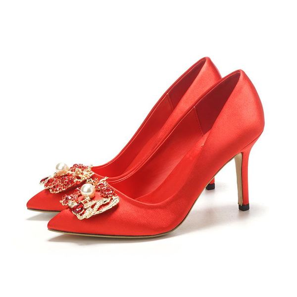 

dress shoes red wedding female 2021 satin chinese bride rhinestone, Black