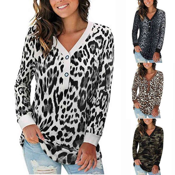 

women's leopard button long sve t-shirt, 90's retro v-neck women's casual wear, 2021 top, White
