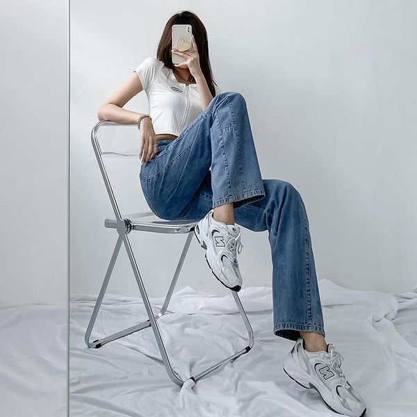 

women's jeans high waist women summer thin style stitching loose 2021 drape straight-leg y2k pants female trousers, Blue