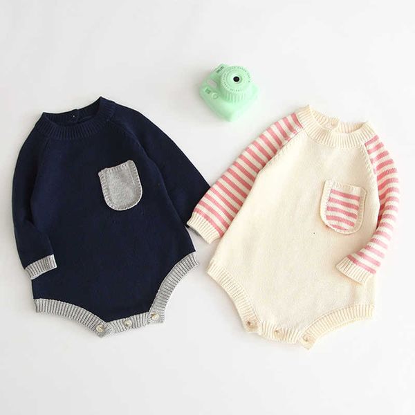 

autumn winter pocket stripe long sleeves baby girl newborn rompers, Blue