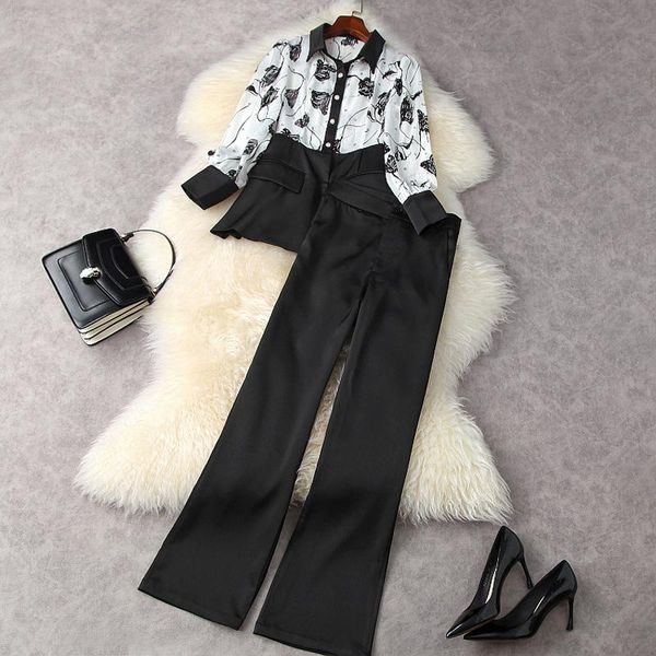 

summer women office 2 piece outfits designer floral print patchwork shirts + black pants suits ol clothing set twinset women's two, White