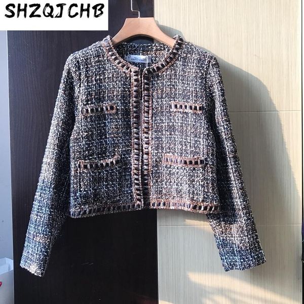 

autumn and winter women's jacket french elegant lady style bright silk tweed suit coat short small fragrance wool & blends, Black