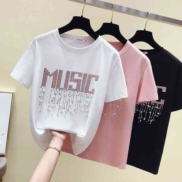 

women's t-shirt women clothes beading letter t shirt female short sleeve summer cotton korean fashion tshirt vetement femme nbco, White