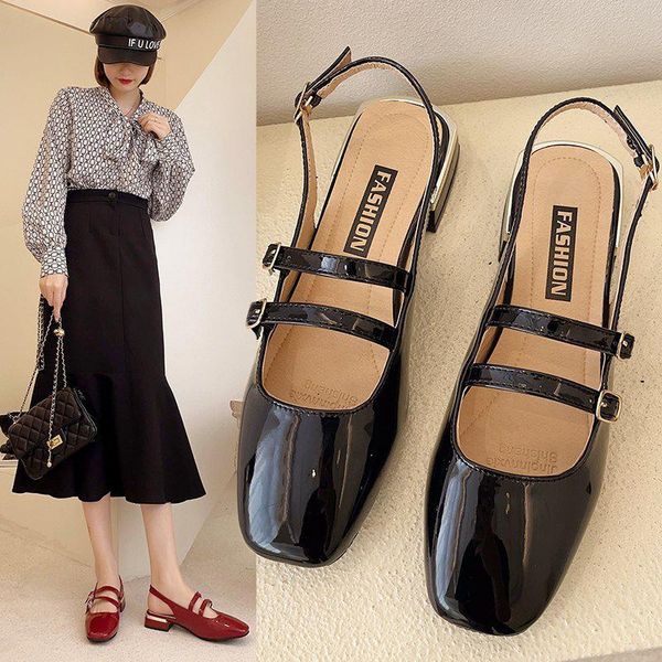 

block heels 2021 summer low sandals woman leather female shoe buckle strap mary jane espadrilles platform chunky low-heeled comf, Black