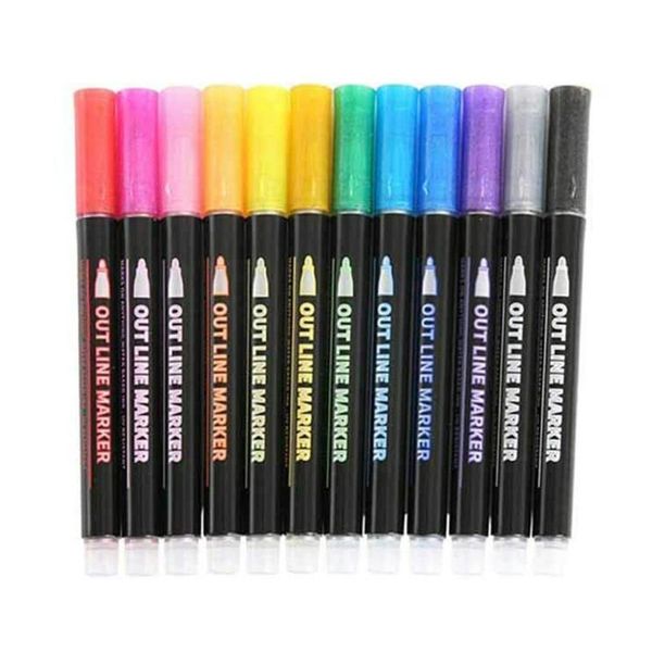 

colors metallic double lines art marker pens out line pen stationery drawing for calligraphy lettering scrapbooking highlighters, Black;red