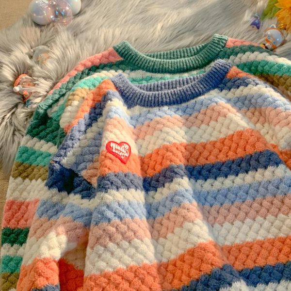 

women's sweaters vintage knitted sweater women winter autumn sweet retro multi-color stripe pullover o-neck slim hollow korean crochete, White;black