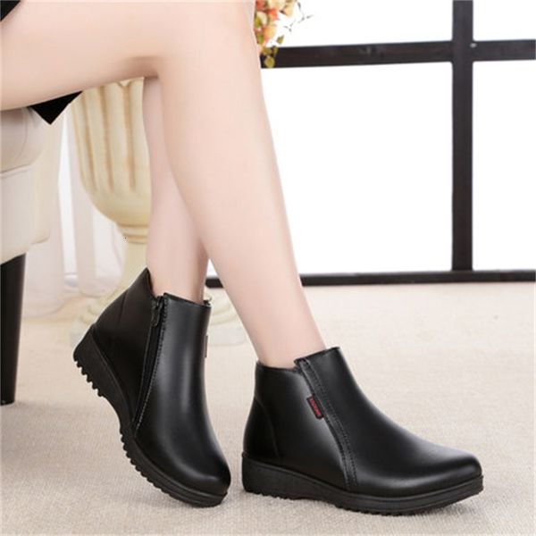 

boots winter casual mother woman slip on ankle snow boots women flats shoes, Black