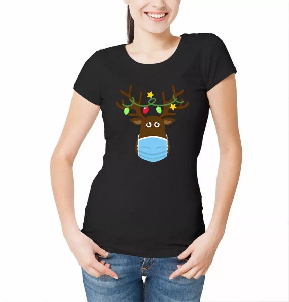 

Women's Christmas Reindeer with Face Mask T-Shirt Funny Party Holidays Rudolph, White;black