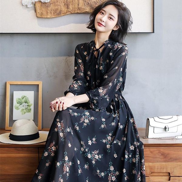 

casual dresses spring autumn women plus size fashion v-neck collect waist print md-long chiffon dress for larger one-piece, Black;gray