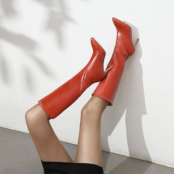 

big size 35-43 winter boots women pointed toe stiletto high heels knee nightclub shoes, Black