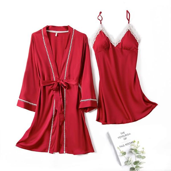 

women's sleepwear bride elegant robe sets 2pcs v-neck kimono gown satin lace bathrobe pajamas summer strap pyjamas suits nightgown nigh, Black;red