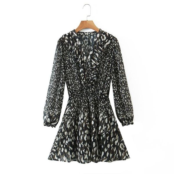 

casual dresses women floral print vintage chiffon v neck ruffles transparent dress long sleeve boho mini sundress, Black;gray