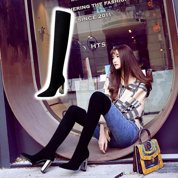 

boots winter over the knee women club fashion high heel slip on shoes pointed toe thigh woman long 9.5cm size 35-43, Black