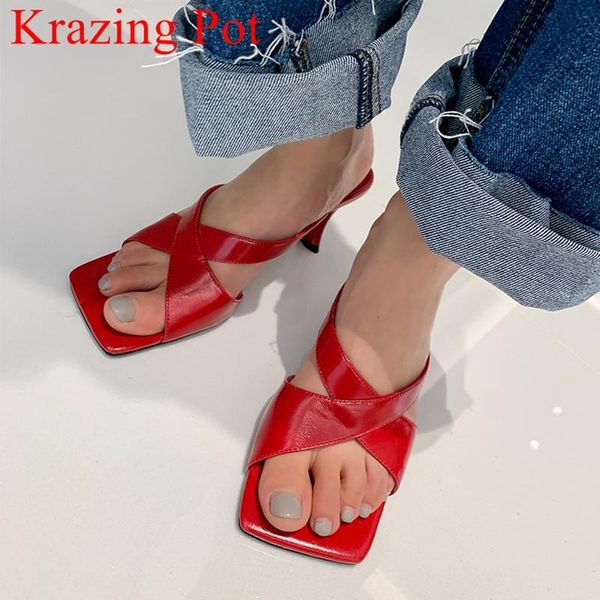 

sandals krazing pot big size genuine leather high heels summer shoes slip on concise mules office lady women l28, Black