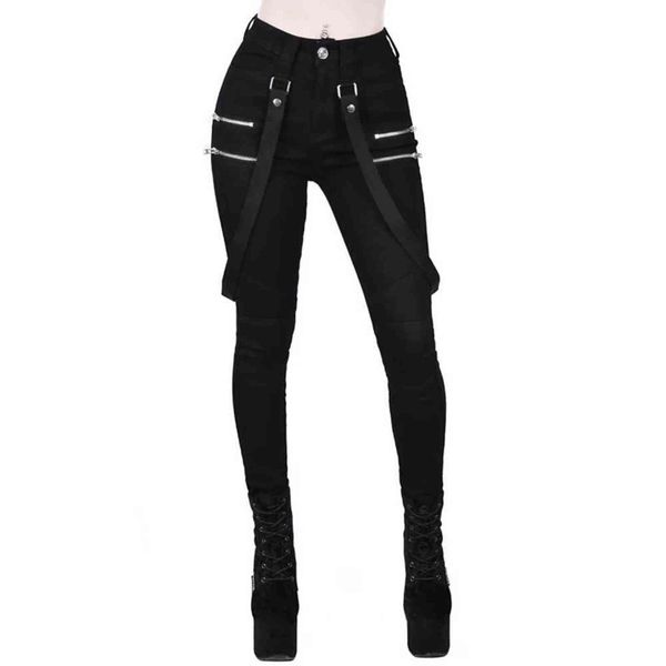 

women gothic pencil pants trousers belt zipper ladies streetwear long solid black hip hop d30 211124, Black;white