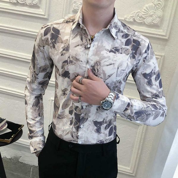 

mens shirts casual slim fit streetwear camisa masculina long sleeve floral dress shirts social party blouse men clothing 210527, White;black