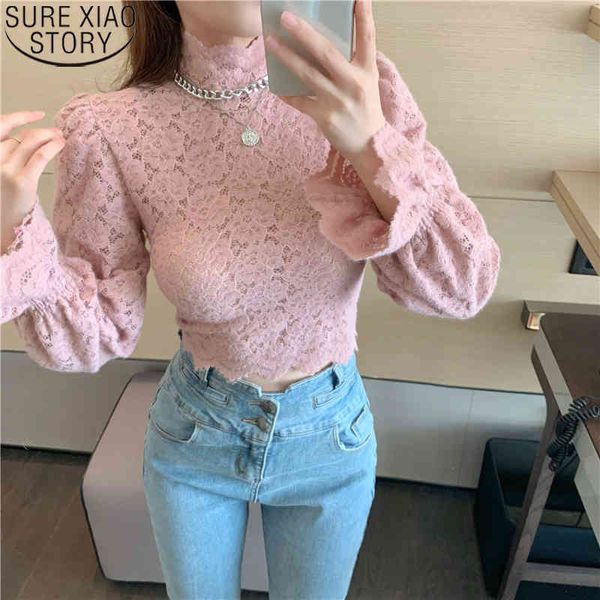 Casual Camisa Floral Senhoras Tops Primavera Outono Turtleneck Lace Blusa Mulheres Flare Manga Curto Sexy Blusas Blusas 12710 210417