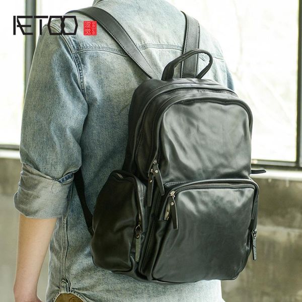 

backpack aetoo men's leather backpack, large-capacity fashion travel trendy computer school bag