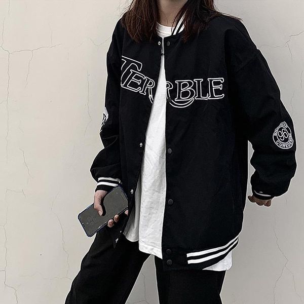 

women's jackets letter embroidery baseball women single-breasted black bomber jacket korean style harajuku simple uniform, Black;brown