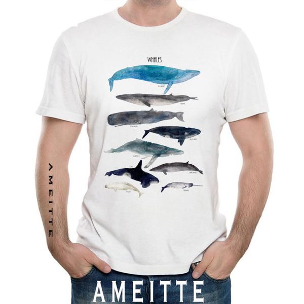 

men's t-shirts summer fashion men t shirts colorful watercolor whale chart printed t-shirt funny animal design casual man novelty tees, White;black