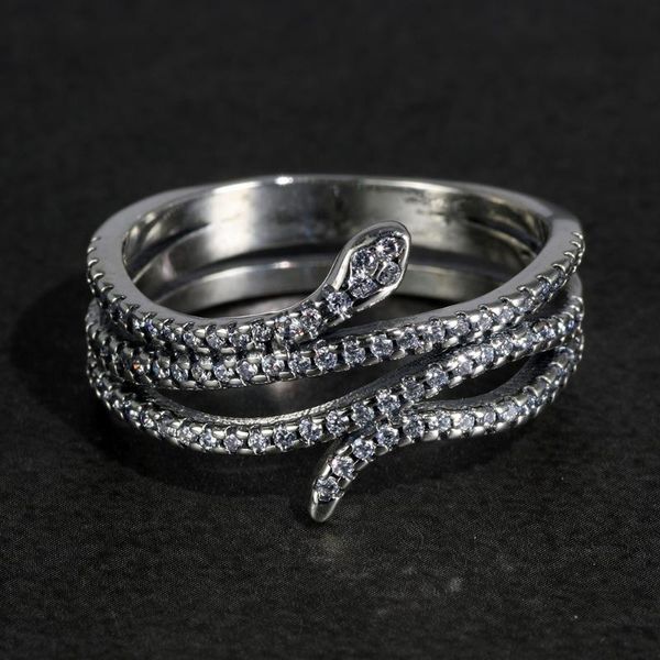 

cluster rings 925 sterling silver snake for women micro paved cubic zirconia stones multi layers vintage punk thai jewelry, Golden;silver
