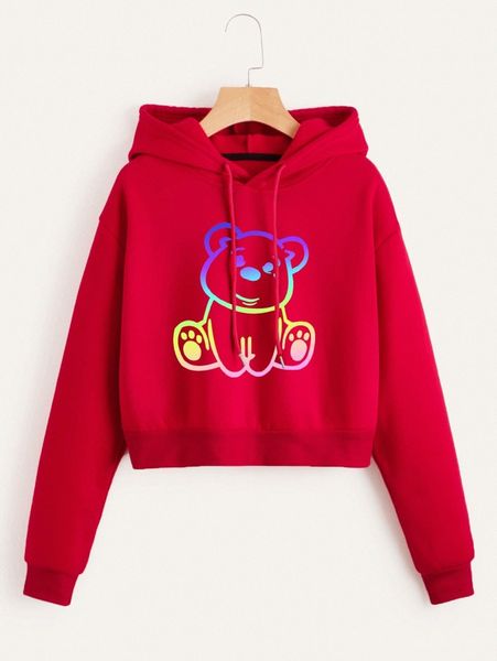 

cartoon bear graphic crop thermal lined hoodie x3dr#, White;black