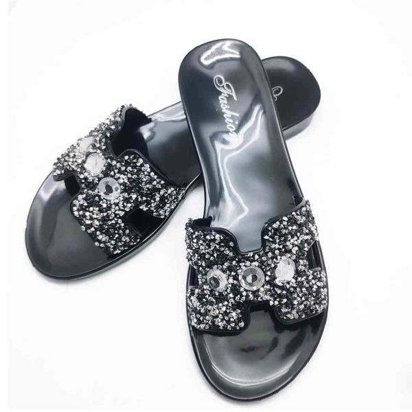 

2021 women summer flat bling slides slippers soft jelly shoes female outdoor beach ladies for women slippers, Black