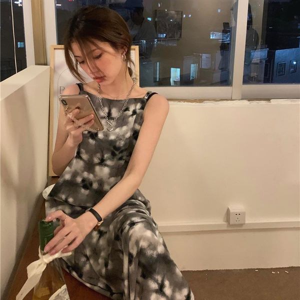 

casual dresses suspender dress for women's summer 2021 retro design secret trick open back split temperament long, Black;gray